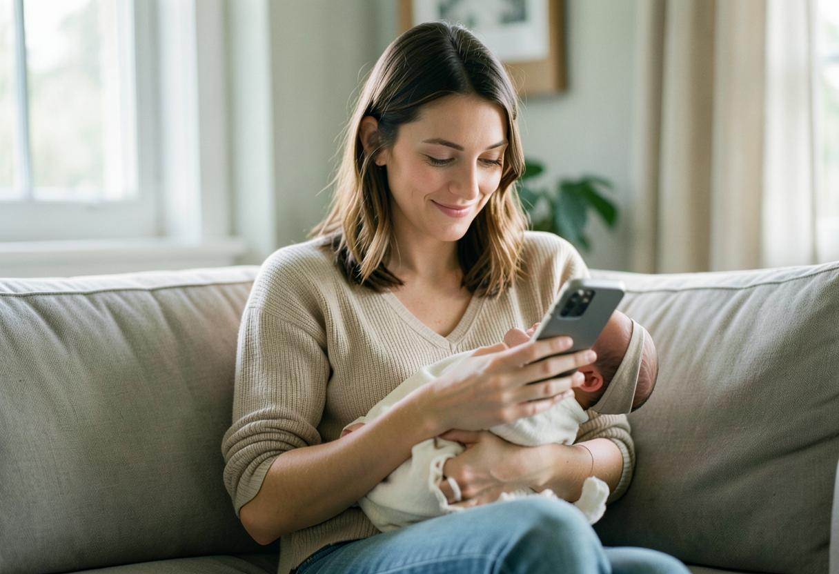 A mother at home holding her newborn while texting with Naomi